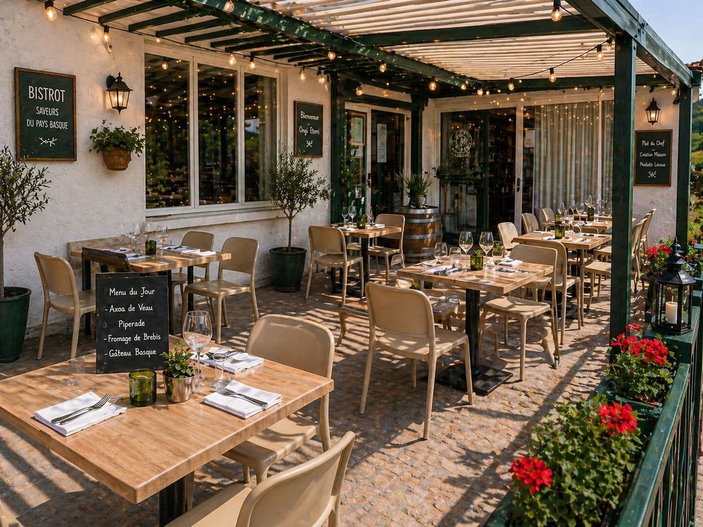 La terrasse du restaurant sous la pergola